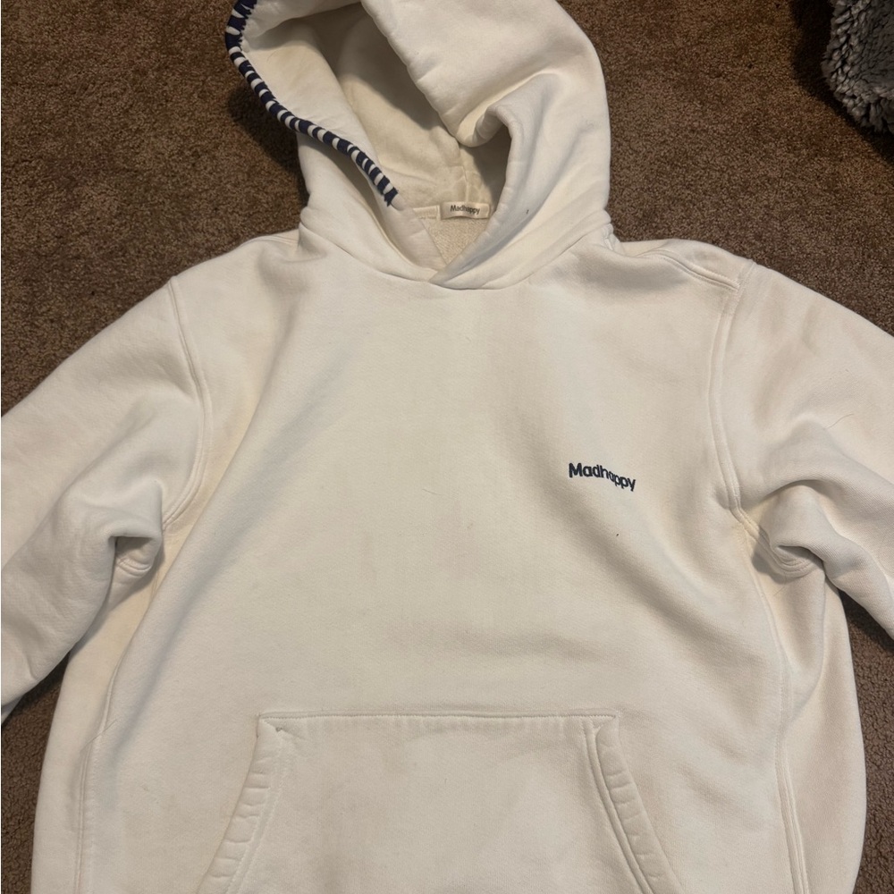 Madhappy hoodie white with navy accents small stain on sleeve